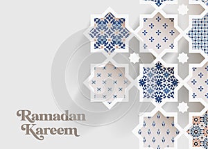 Muslim holiday Ramadan Kareem greeting card. Close-up of colorful ornamental arabic tiles, patterns through white mosque