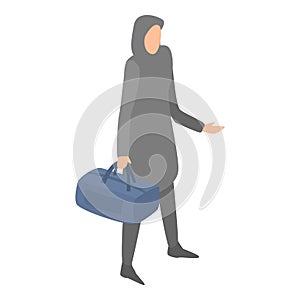 Muslim homeless woman with bag icon, isometric style