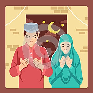 Muslim husband and wife pray at midnight vector image.