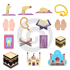 Muslim islam prayer clip art set with mosque, koran, hadj, kaaba, carpet