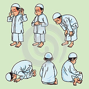 Muslim Kid Doing Salah, Salat, Shalat, Sholaat, Vector Set photo