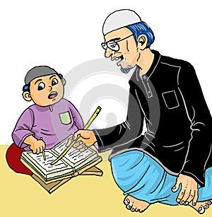 Muslim kid learning quran with his grandpa