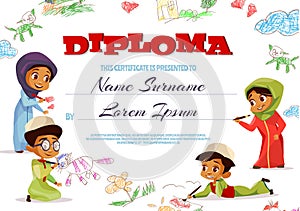 Muslim kids diploma certificate vector illustration