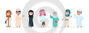 Muslim kids. Islamic children cartoon characters. School boy and girl in saudi traditional clothes vector set