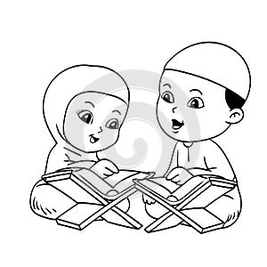 Muslim Kids Learnig Quran Hand drawn Illustration