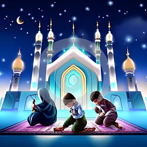Muslim kids praying in front of mosque at night, 3d illustration Generative AI