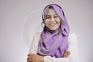 Muslim Lady Call Center Operator Smiling at Camera