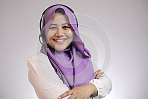 Muslim Lady Call Center Operator Smiling at Camera