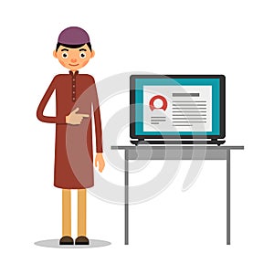 Muslim with laptop. Muslim or arab working man with laptop computer, business character working in office. Flat style color