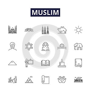 Muslim line vector icons and signs. Islam, Qur'an, Mosque, Prayer, Ramazan, Hajj, Jihad, Sharia outline vector