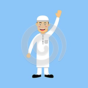 Muslim man character white shirt humble say hello greeting