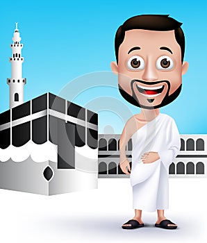 Muslim Man Characters Wearing Ihram Cloths for Performing Hajj or Umrah