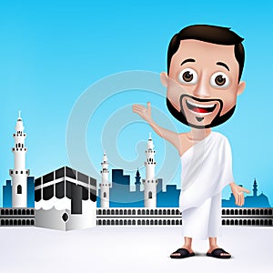 Muslim Man Characters Wearing Ihram Cloths for Performing Hajj or Umrah