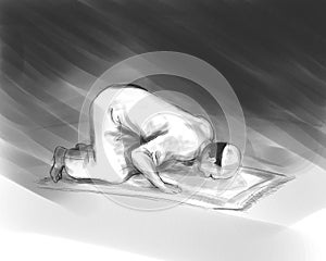 Muslim man do shalat, Islam prayer activity, illustration in sketch hand drawing ink style