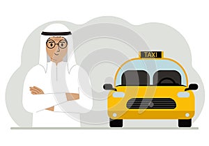 A muslim man with his arms crossed near a yellow taxi car. Vector