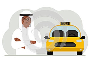 A muslim man with his arms crossed near a yellow taxi car. Vector