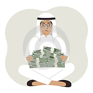 A muslim man holds bundles of cash, money or banknotes in his hands. Successful business and finance concept