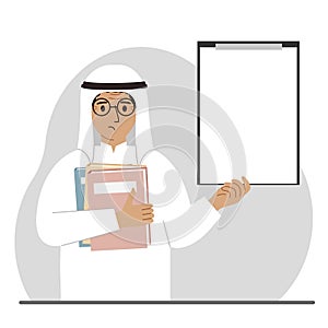 A muslim man holds a stack of books in one hand, a clipboard in the other, space for text. Knowledge, education