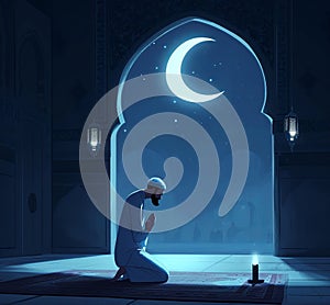 Muslim man praying in the mosque. Illustration. Ramadan Kareem.