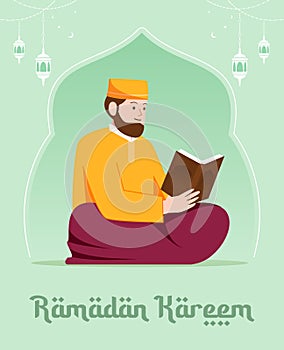 Muslim man reading the Koran in the month of Ramadan vector illustration