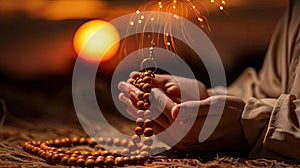 a Muslim man& x27;s hands are raised in prayer, clutching rosary beads, against the backdrop of a full moon and the night