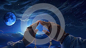 a Muslim man& x27;s hands are raised in prayer, clutching rosary beads, against the backdrop of a full moon and the night