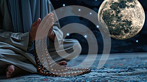 a Muslim man& x27;s hands are raised in prayer, clutching rosary beads, against the backdrop of a full moon and the night