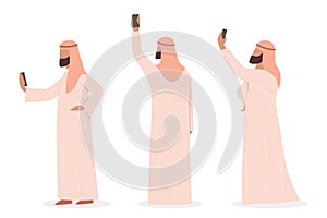 Muslim man taking selfie set. Arabic character taking photo