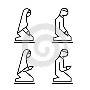 Muslim man and woman making a supplication. Islamic prayer icons