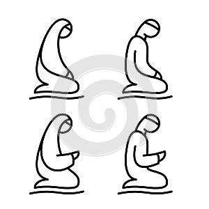 Muslim man and woman making a supplication. Islamic prayer icons