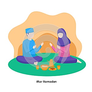 Muslim man and woman praying to Allah together during iftar eat time for break fasting vector flat illustration. Islam ramadan