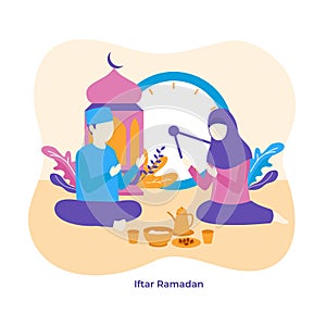 Muslim man and woman praying to Allah together during iftar eat time for break fasting vector flat illustration. Islam ramadan
