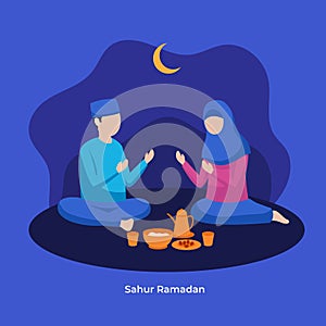 Muslim man and woman praying to Allah together during sahur eat time to prepare full day fasting vector flat illustration. Islam photo