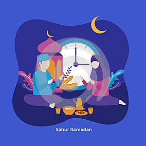 Muslim man and woman praying to Allah together during sahur eat time to prepare full day fasting vector flat illustration. Islam photo