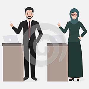 Muslim man and woman standing and presentation icon