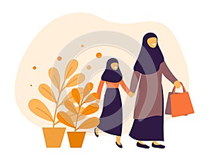 Muslim mom and daughter going shoping vector stock illustration, flat design, landing page, background, ramadan concept, eid mubar