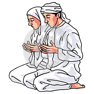 Muslim Moslem Couple Man Woman Pray Prayer Dua Drawing Cartoon Vector Illustration