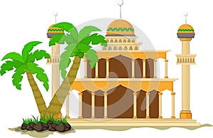 Muslim mosque isolated flat facade on white background. Flat with shadows architecture object. Vector cartoon design. Beautiful mu