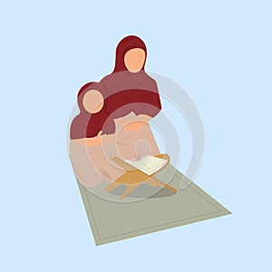 Muslim mother and daughter reading Quran flat illustration. Beautiful mother and daughter praying together flat illustration. Holy