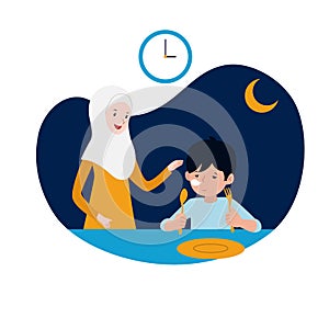 Muslim mother support her sleepy kid for sahur or pre-dawn meal before start fasting  illustration. family ramadan activity photo