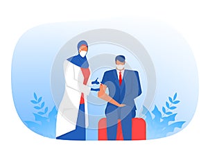 Muslim Nurse Injecting Vaccine Injection, Vaccine against coronavirus Male patients Vector flat illustration