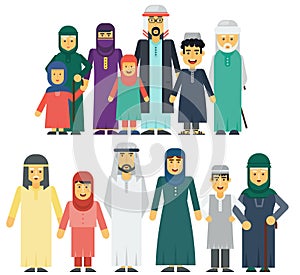Muslim people father, mother, grandmother, grandfather, son and daughter standing together. Traditional islamic muslim