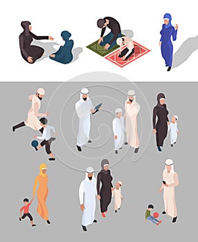 Muslim people. Isometric arab persons traditional big family islam garish vector persons isolated