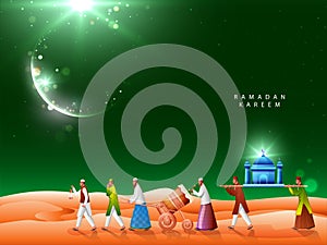 Muslim People Playing Tabu Debug Drum with Carrying Mosque on Crescent Moon Green and Orange Lights Effect for Ramadan