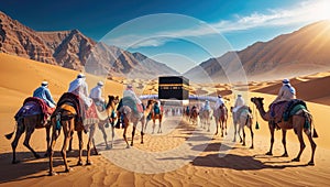 Pilgrims riding camels are reaching the Kaaba in Mecca, Saudi Arabia photo