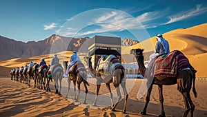 Pilgrims riding camels are walking towards the Kaaba in Mecca, Saudi Arabia photo