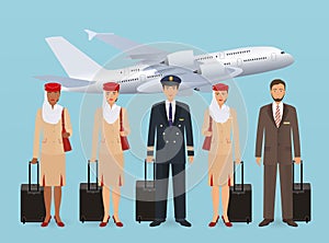 Muslim pilot and stewardesses characters in uniform standing on flying aircraft background. Aviation employee concept.