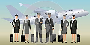 Muslim pilots and stewardesses characters in uniform with bags standing on flying aircraft background.