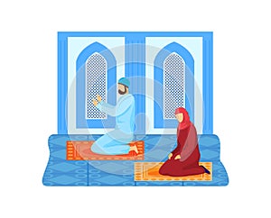 Muslim pray, church people, religious building, family sit rug, culture background, design, flat style vector