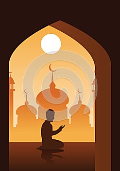 Muslim pray in mosque place of Islam,silhouette design,cartoon bubble head version